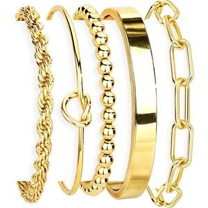 👑Women's Gold Plated Steel Set of 5 Stackable Chunky Cuff Bangles Bracelets Set